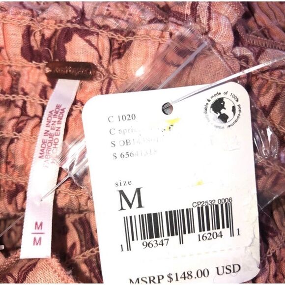 Free People Women’s Dress Rust Peach Copper Mini Elastic Ruffle Big Sleeves Bow - Picture 5 of 5